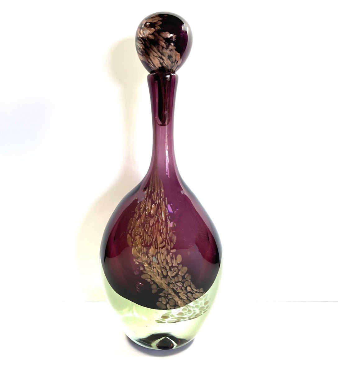 Large Blown Glass Bottle With Gold Sequins By Jean-claude Novaro 44cm