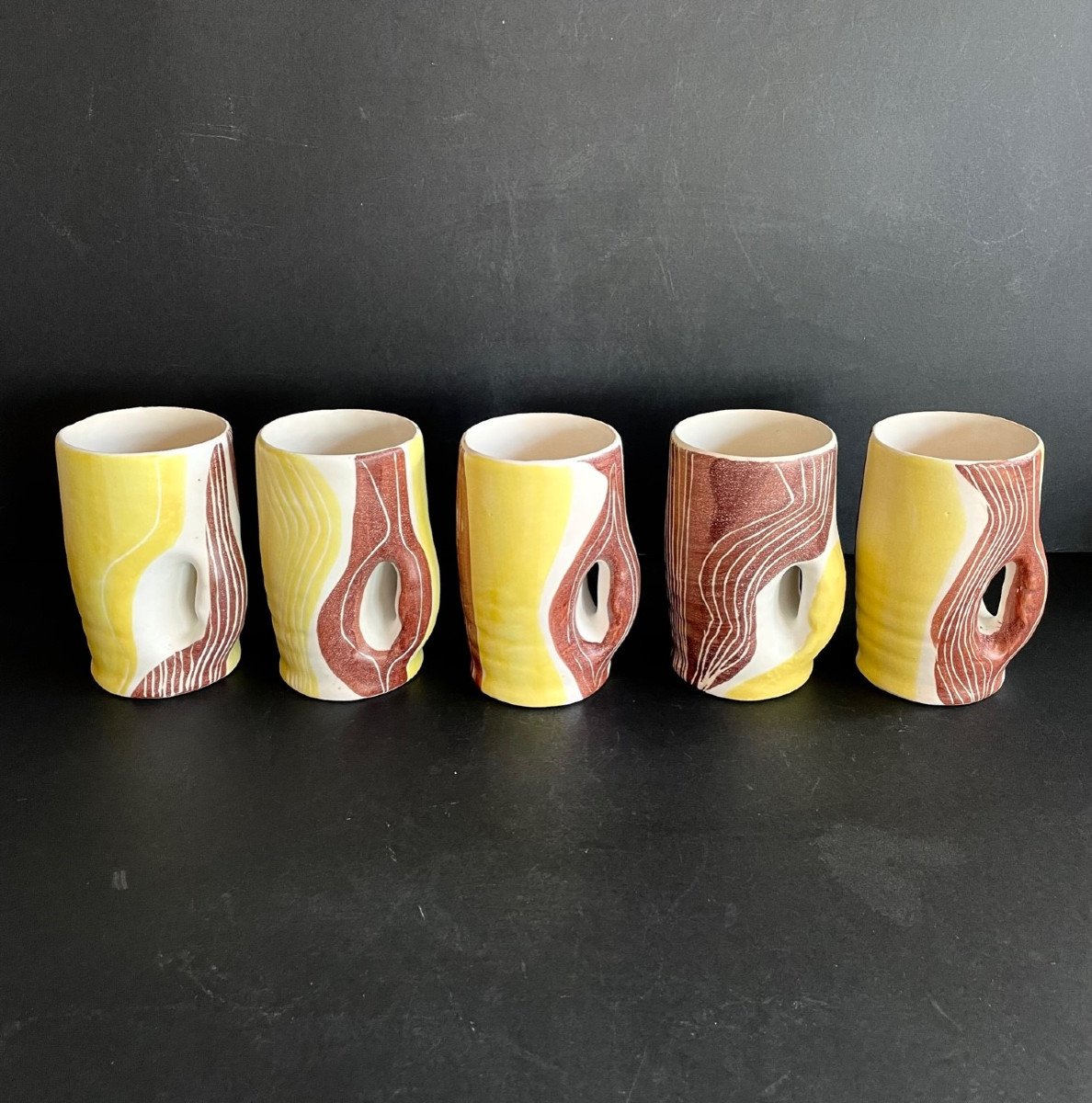 Series Of 5 Earthenware Mugs By Mado Jolain-photo-4