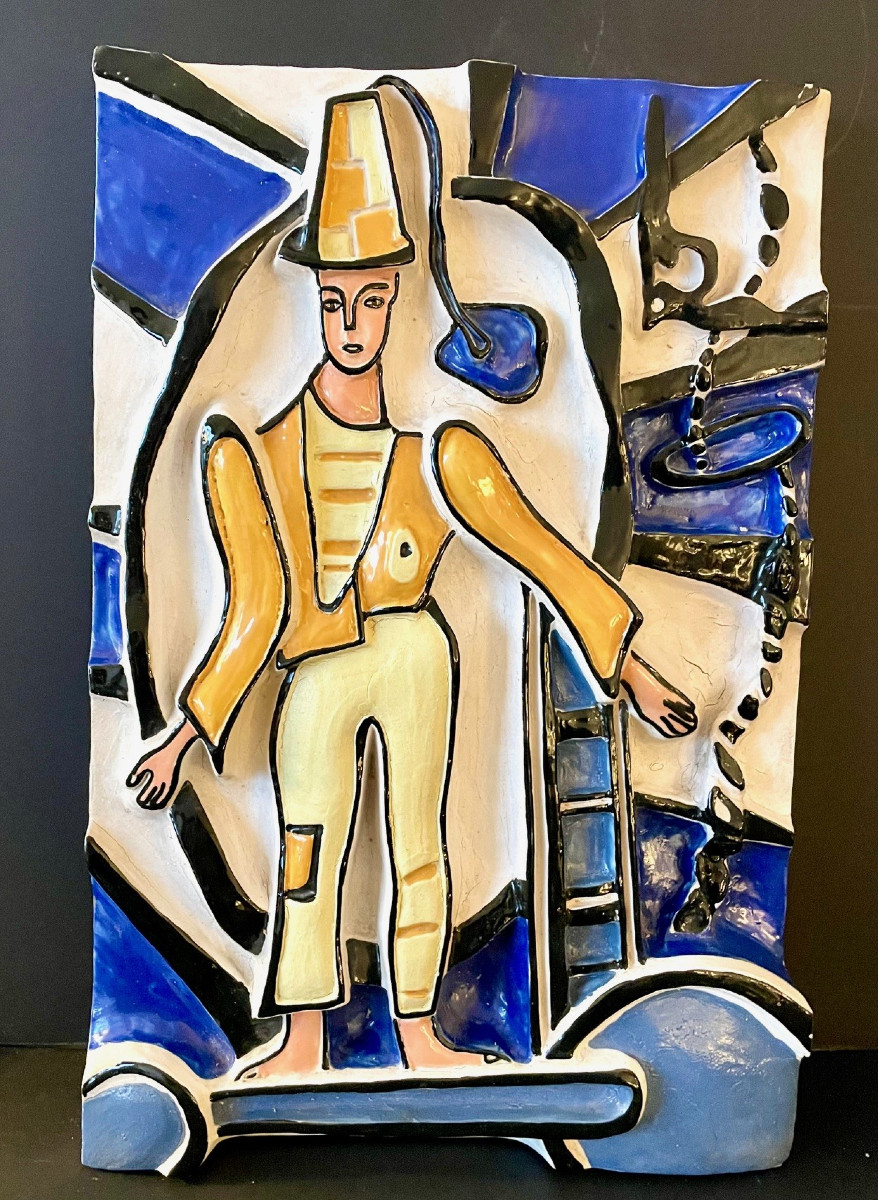 The Blue Mime, Ceramic Bas-relief By Roland Brice, 1959
