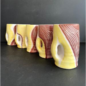 Series Of 5 Earthenware Mugs By Mado Jolain