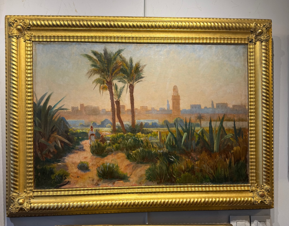 Orientalist View Signed L. Cros Oasis At Dusk – (early 20th Century)