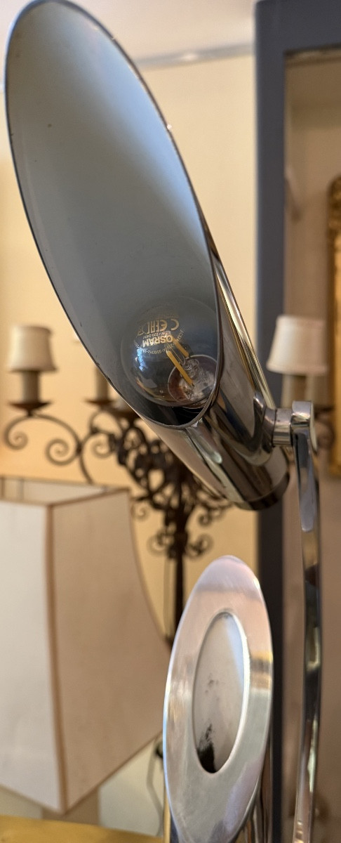 Designer Lamp In Chromed Metal – Modernist Sculptural Line – 20th Century-photo-3