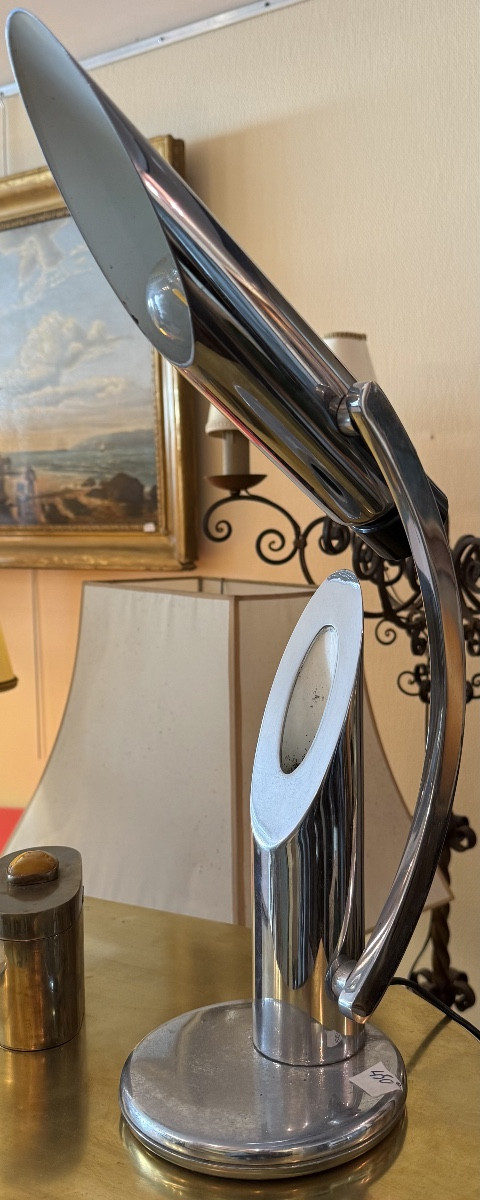 Designer Lamp In Chromed Metal – Modernist Sculptural Line – 20th Century