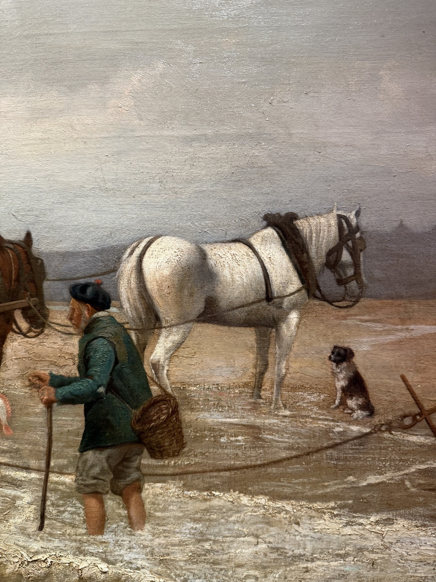 19th Century Marine Painting – Lively Scene At The Water’s Edge – Signed J. Caudron-photo-3