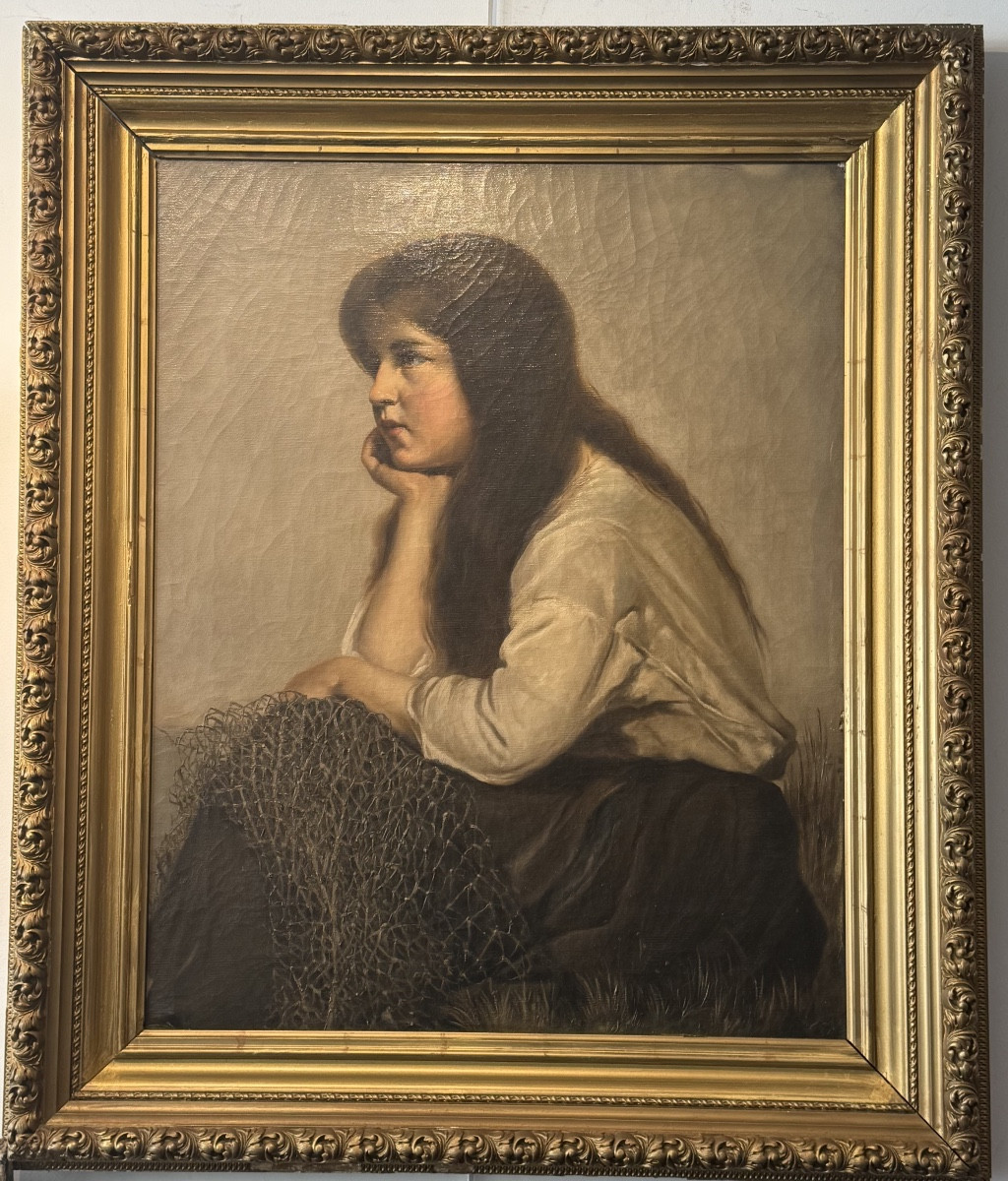 Pensive Young Girl At The Net 