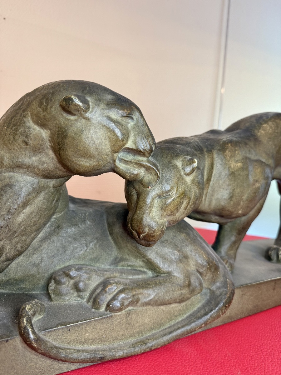 Art Deco Terracotta Sculpture – Panthers – 20th Century – Signed A.pollin-photo-2
