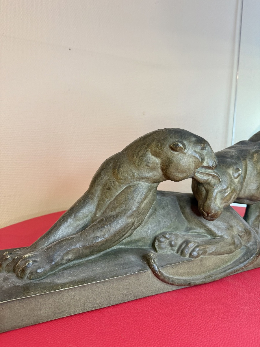 Art Deco Terracotta Sculpture – Panthers – 20th Century – Signed A.pollin-photo-2