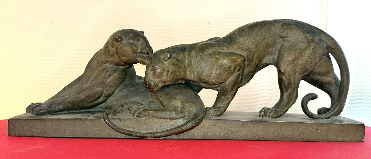 Art Deco Terracotta Sculpture – Panthers – 20th Century – Signed A.pollin