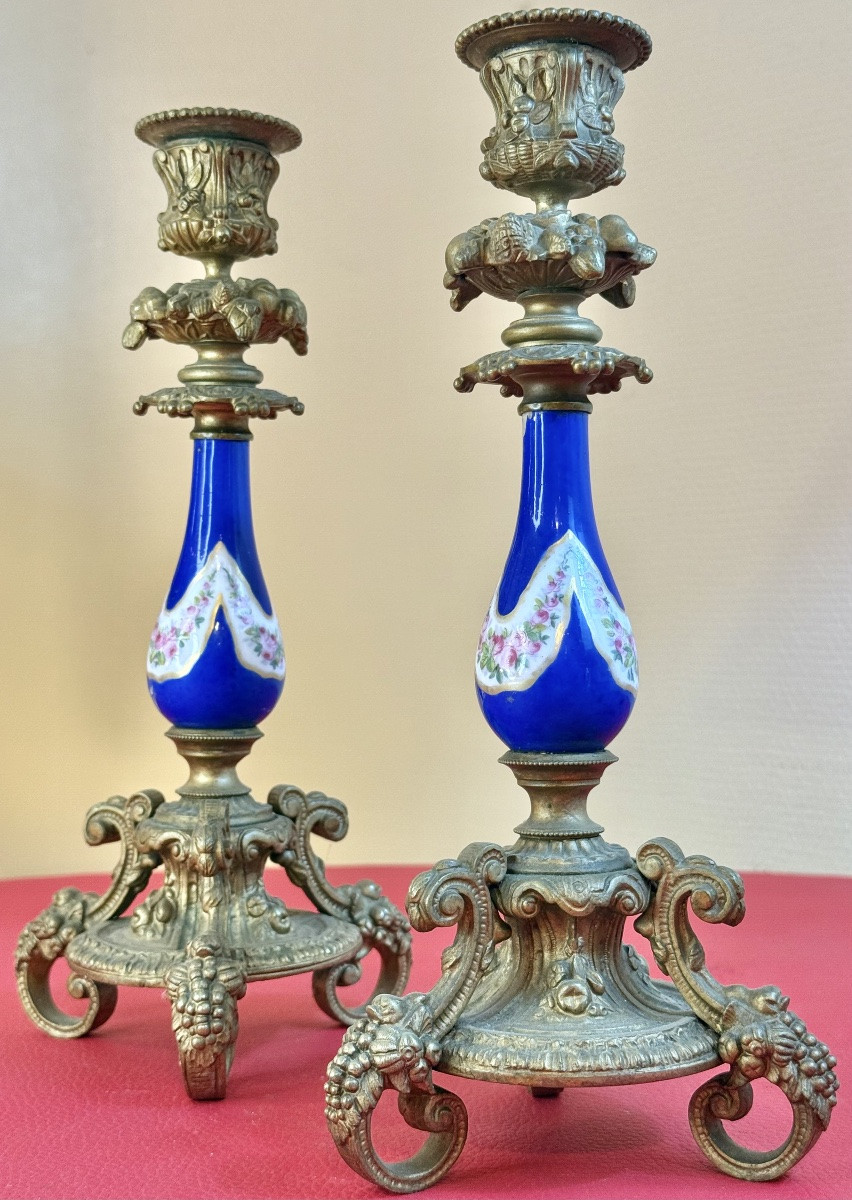 Pair Of Bronze And Porcelain Candlesticks - Napoleon III Period-photo-4