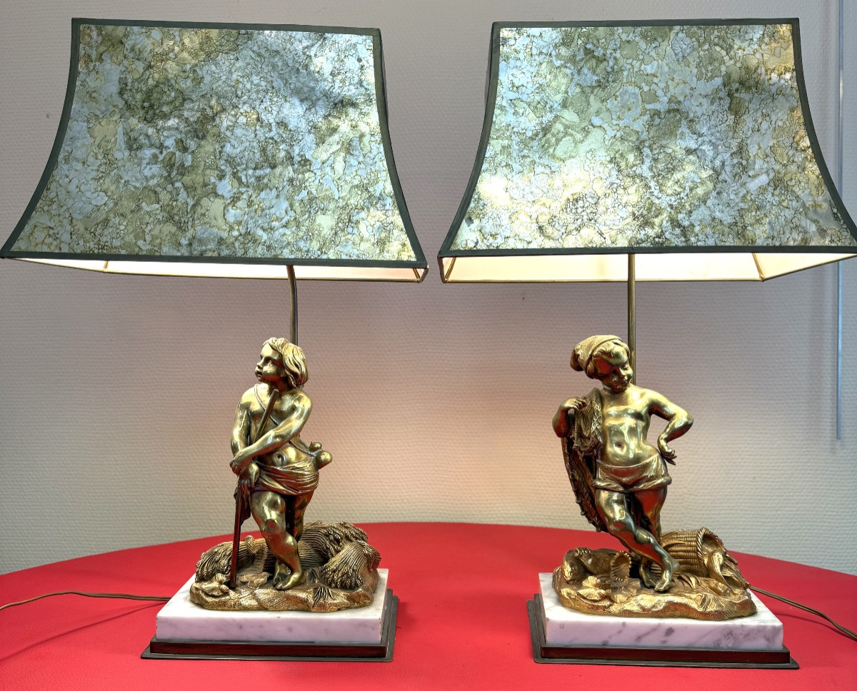 Pair Of Gilt Bronze Lamps – Childish Allegories, Napoleon III Period – 19th Century