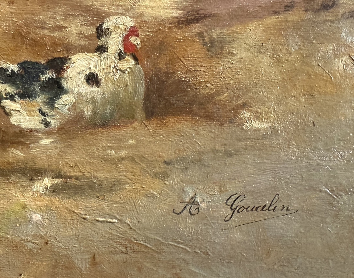 "lively Farmyard In Front Of A Farm - A. Goualin, 19th Century (napoleon III Period)"-photo-2