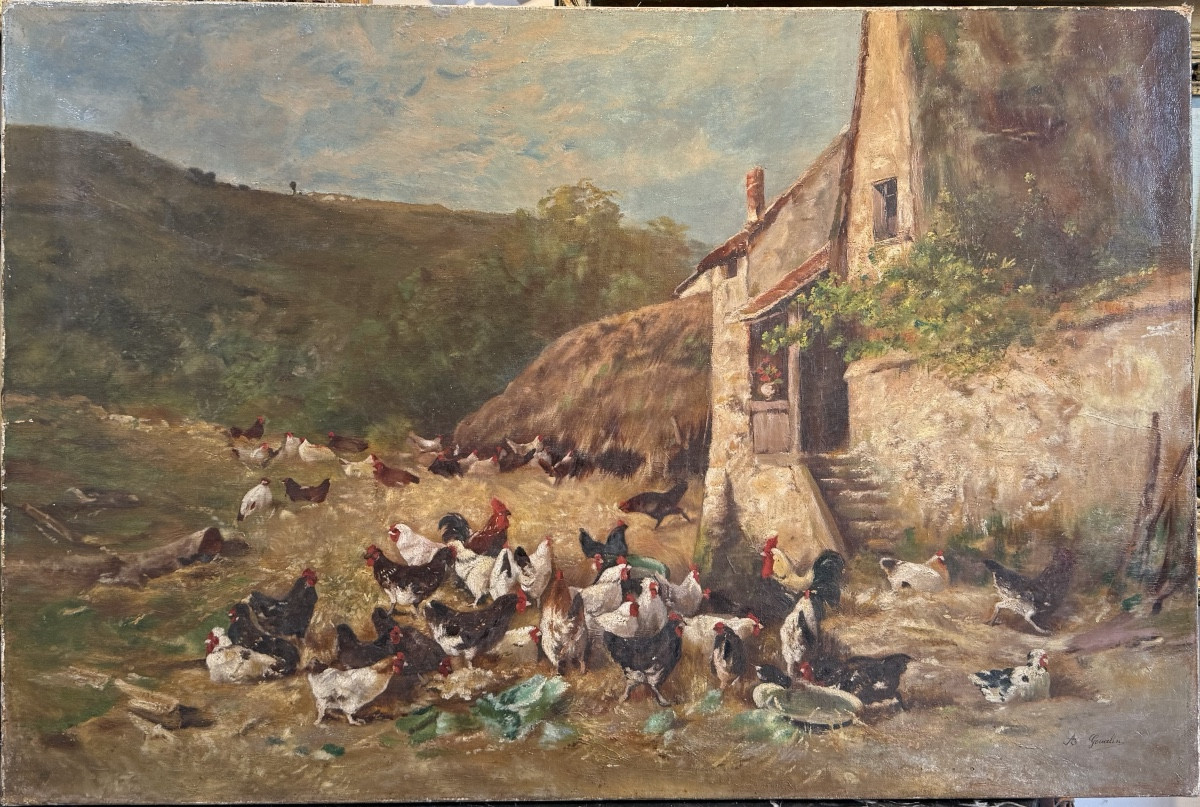 "lively Farmyard In Front Of A Farm - A. Goualin, 19th Century (napoleon III Period)"