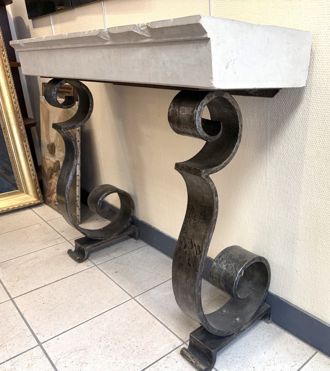 Art Deco Console In White Marble And Wrought Iron – 20th Century-photo-1