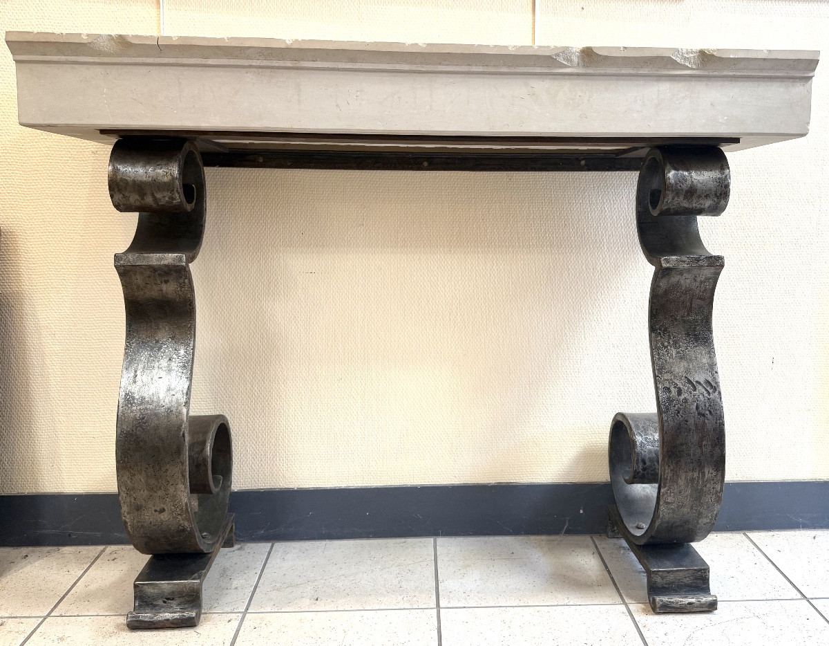 Art Deco Console In White Marble And Wrought Iron – 20th Century