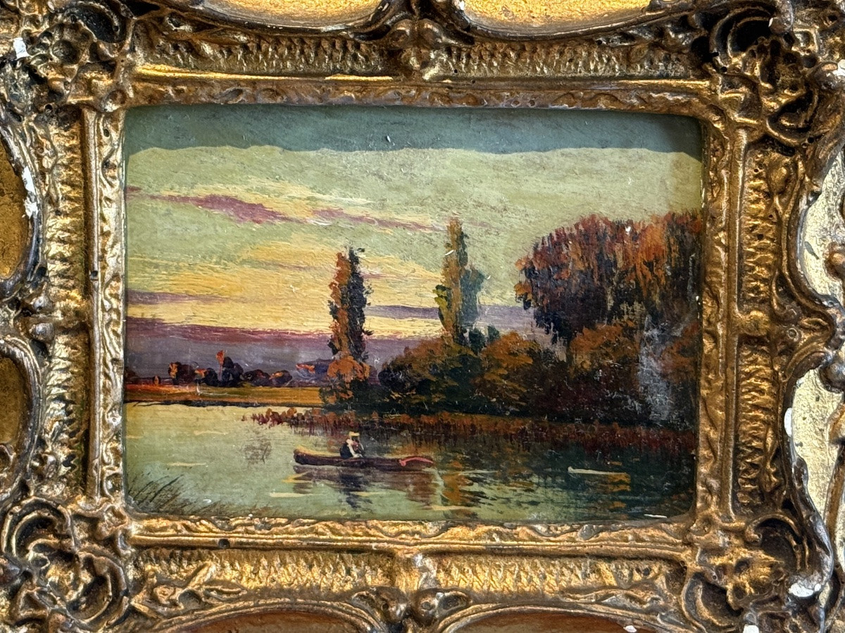Pair Of Small Landscapes At Sunset – Oil On Wood, 19th Century, Napoleon II Period-photo-2