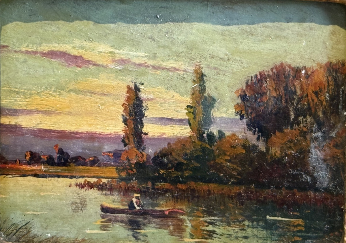 Pair Of Small Landscapes At Sunset – Oil On Wood, 19th Century, Napoleon II Period-photo-3