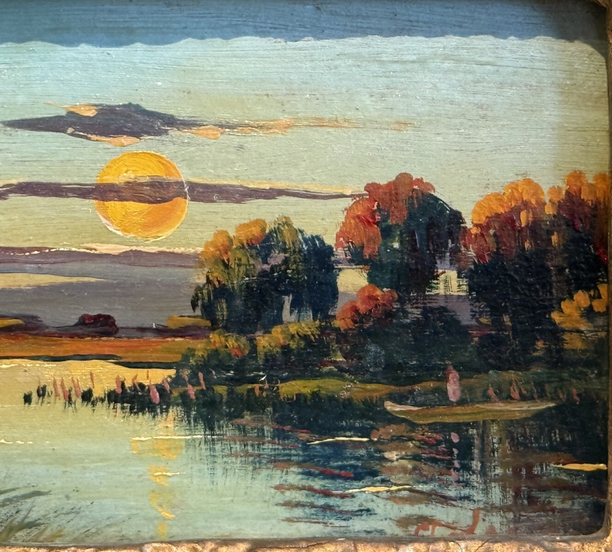 Pair Of Small Landscapes At Sunset – Oil On Wood, 19th Century, Napoleon II Period-photo-4