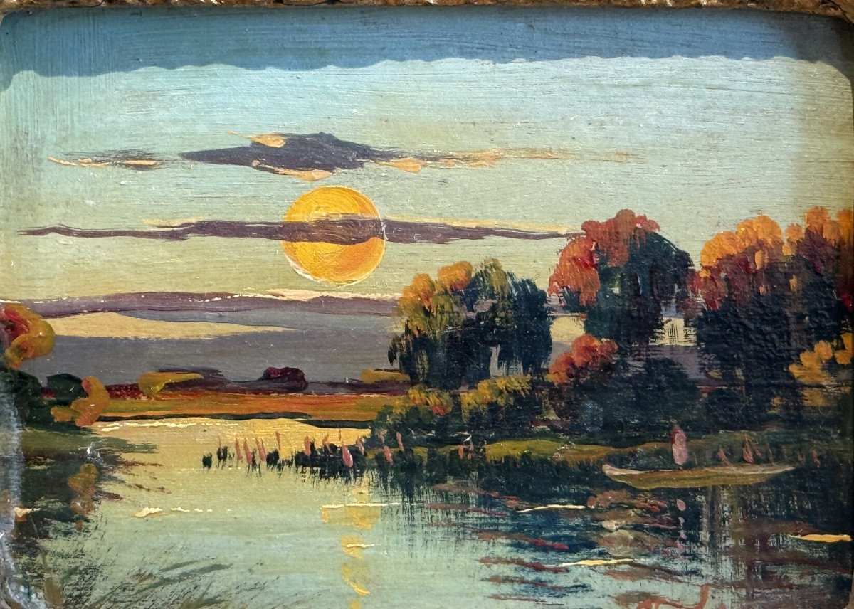Pair Of Small Landscapes At Sunset – Oil On Wood, 19th Century, Napoleon II Period-photo-5