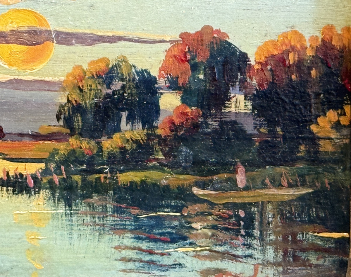 Pair Of Small Landscapes At Sunset – Oil On Wood, 19th Century, Napoleon II Period-photo-6