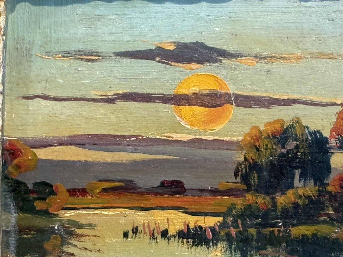Pair Of Small Landscapes At Sunset – Oil On Wood, 19th Century, Napoleon II Period-photo-7