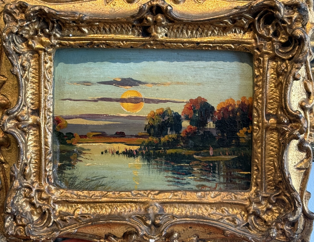 Pair Of Small Landscapes At Sunset – Oil On Wood, 19th Century, Napoleon II Period