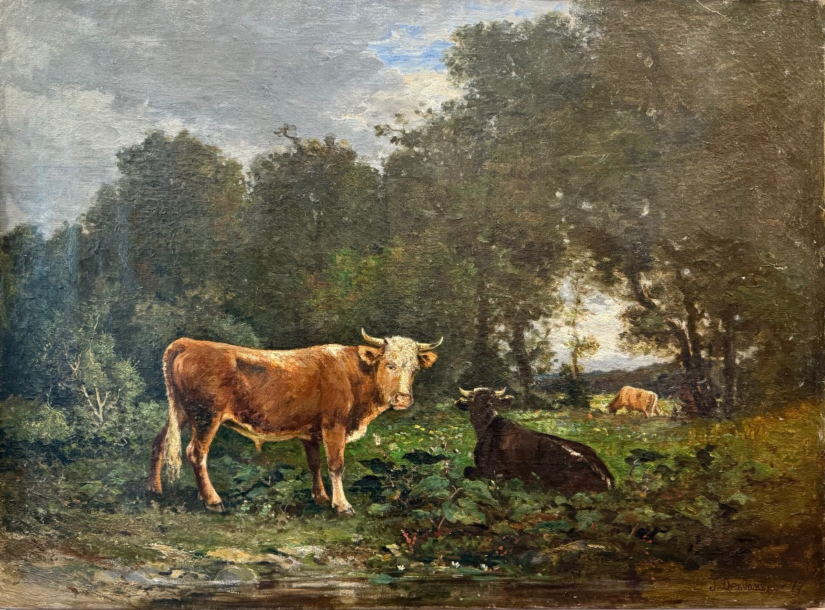 Cows In The Dim Light – Signed J. Desvarreux (1877)-photo-1
