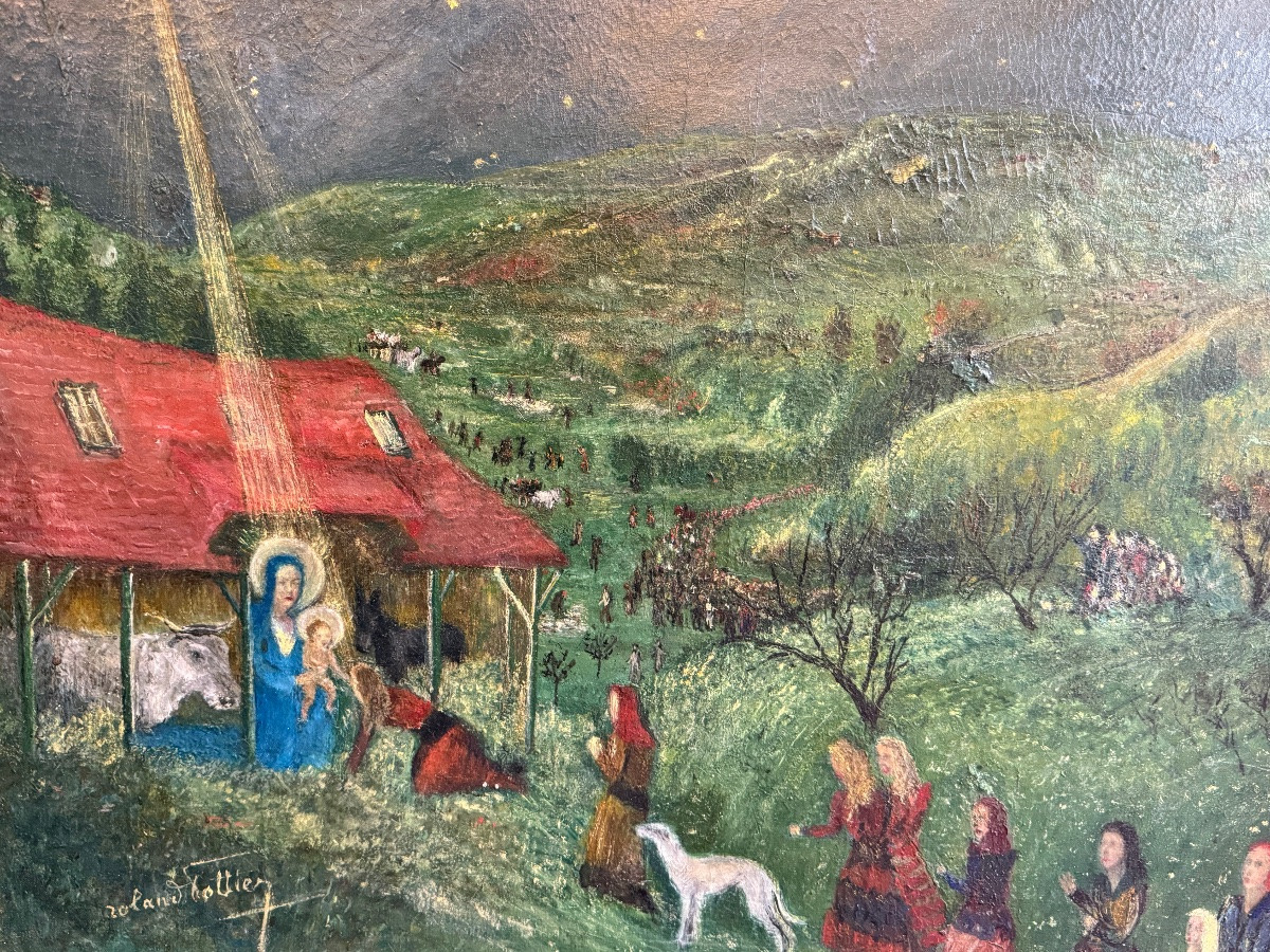Tableau La Nativité, Inspiration Chagall – Huile sur Toile, Art Moderne-photo-1