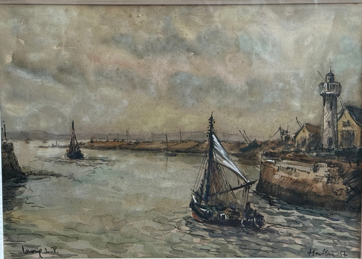 Marine Watercolor Of Honfleur, 1957 – Art Nouveau, Watercolor On Cardboard-photo-1