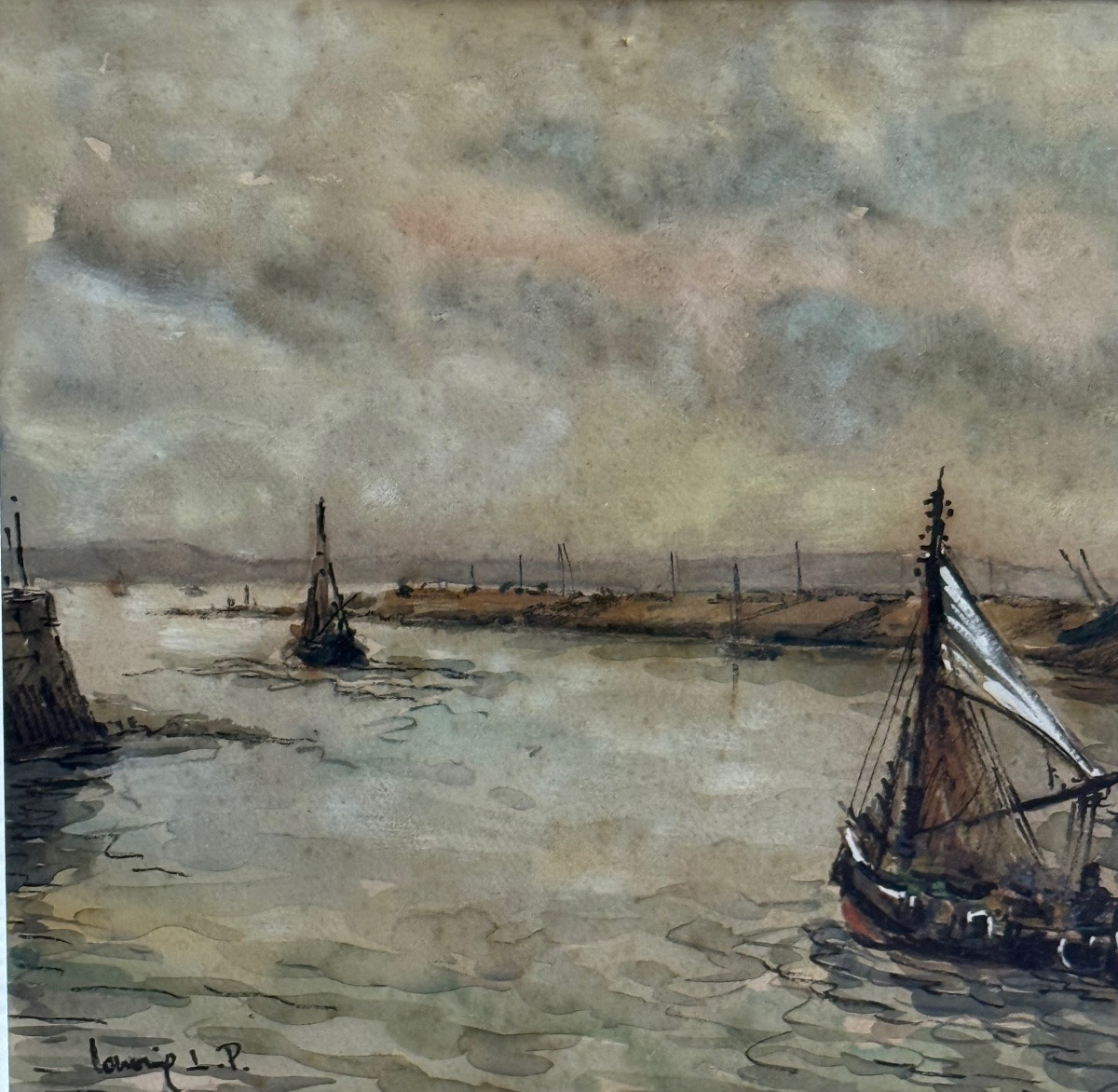 Marine Watercolor Of Honfleur, 1957 – Art Nouveau, Watercolor On Cardboard-photo-3