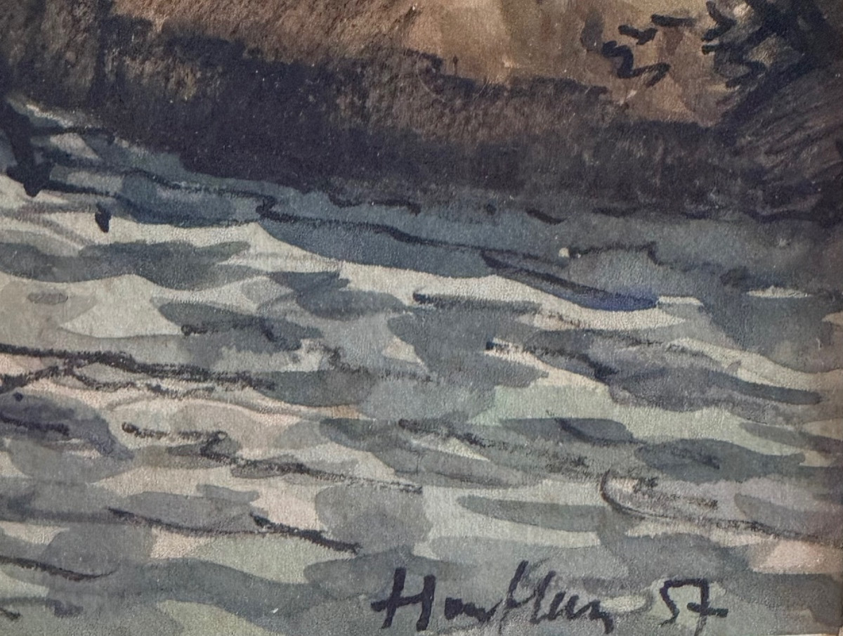 Marine Watercolor Of Honfleur, 1957 – Art Nouveau, Watercolor On Cardboard-photo-4