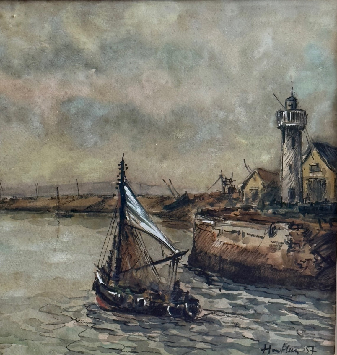 Marine Watercolor Of Honfleur, 1957 – Art Nouveau, Watercolor On Cardboard-photo-5