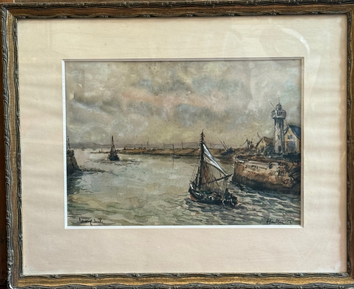 Marine Watercolor Of Honfleur, 1957 – Art Nouveau, Watercolor On Cardboard