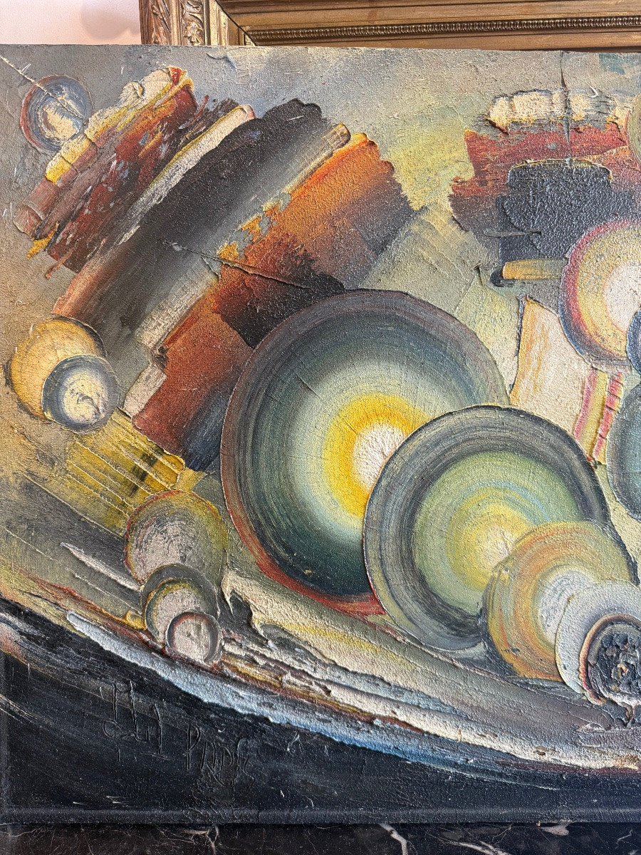 Tableau abstrait moderne signé Polimeno – Huile sur toile, 1987-photo-1