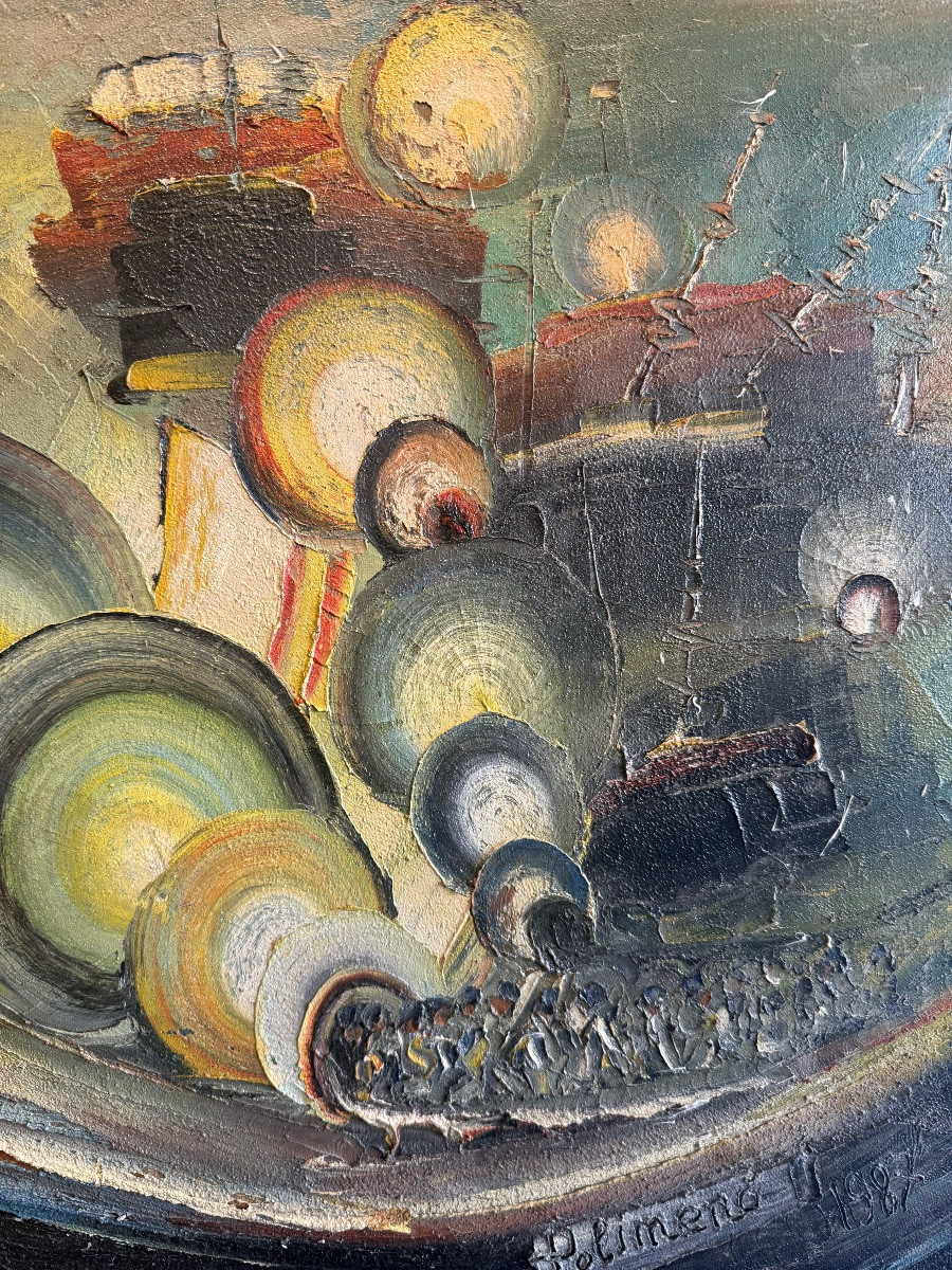 Tableau abstrait moderne signé Polimeno – Huile sur toile, 1987-photo-6