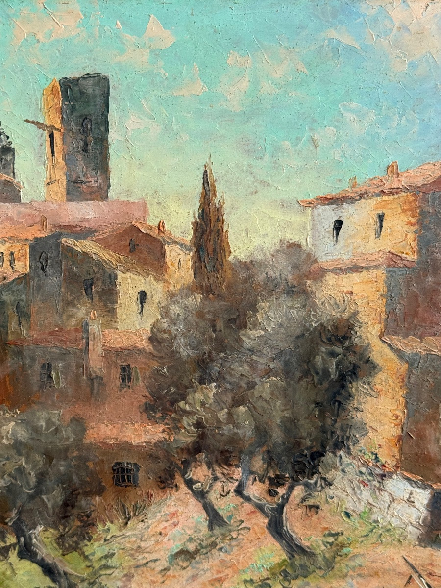 Morning In Saint-paul-de-vence – Oil On Cardboard, 20th Century Art-photo-3