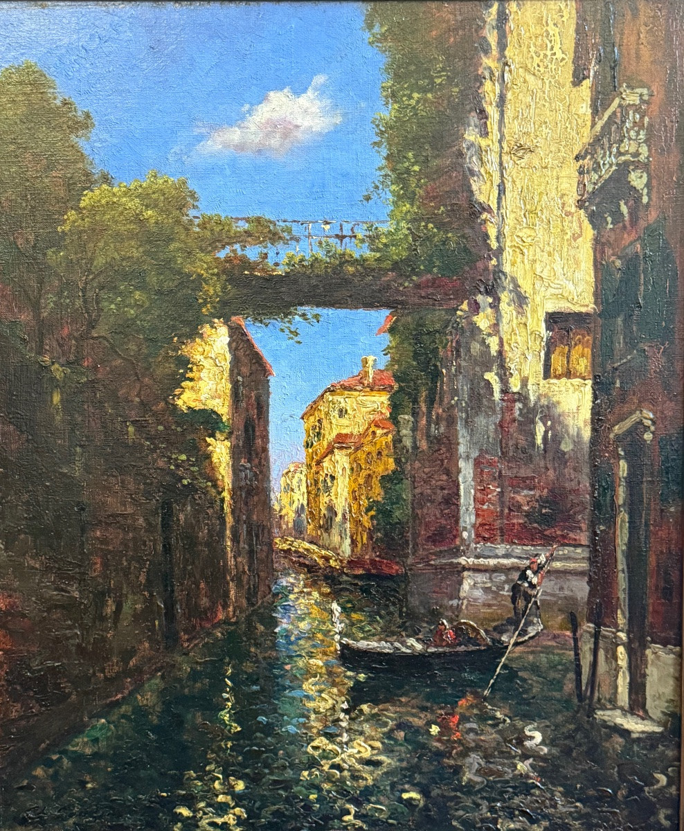 Venice – Lively Canal View, Oil On Canvas, 19th Century, Napoleon III Era-photo-1