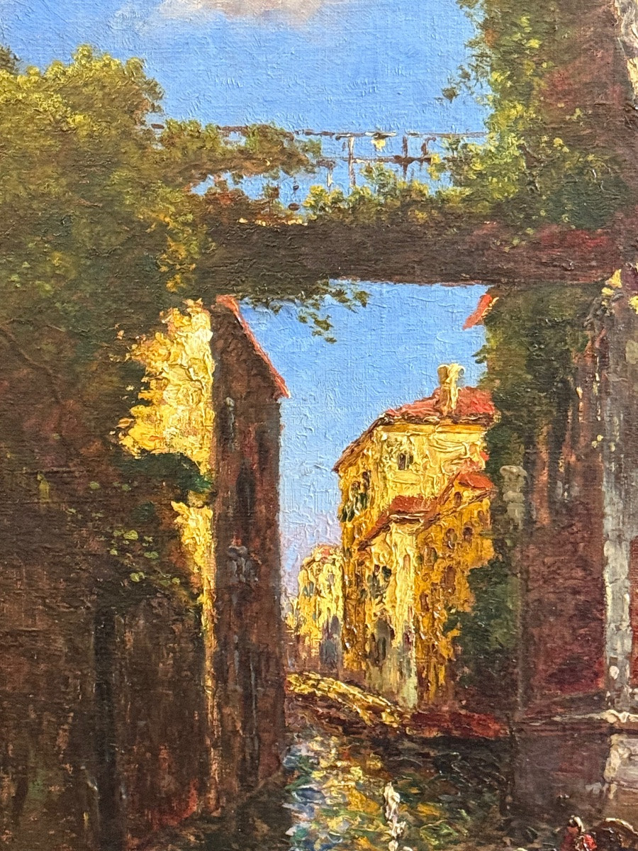 Venice – Lively Canal View, Oil On Canvas, 19th Century, Napoleon III Era-photo-5
