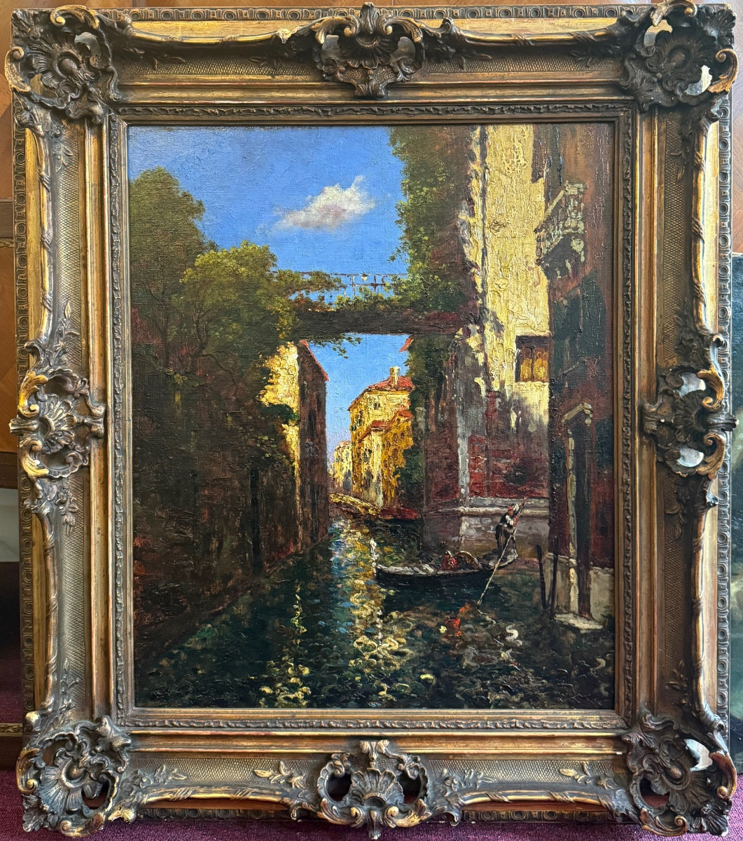 Venice – Lively Canal View, Oil On Canvas, 19th Century, Napoleon III Era