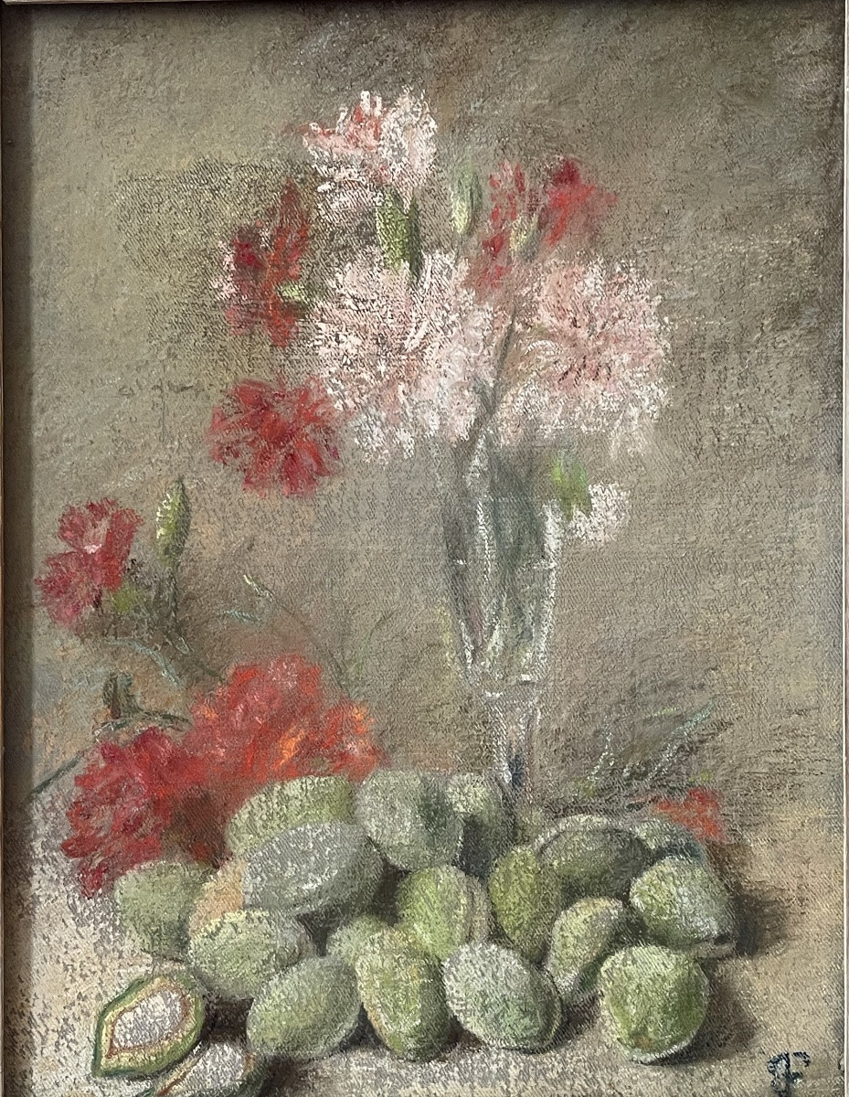 Still Life With Red Flowers And Green Fruit - Pastel On Canvas Signed -photo-4