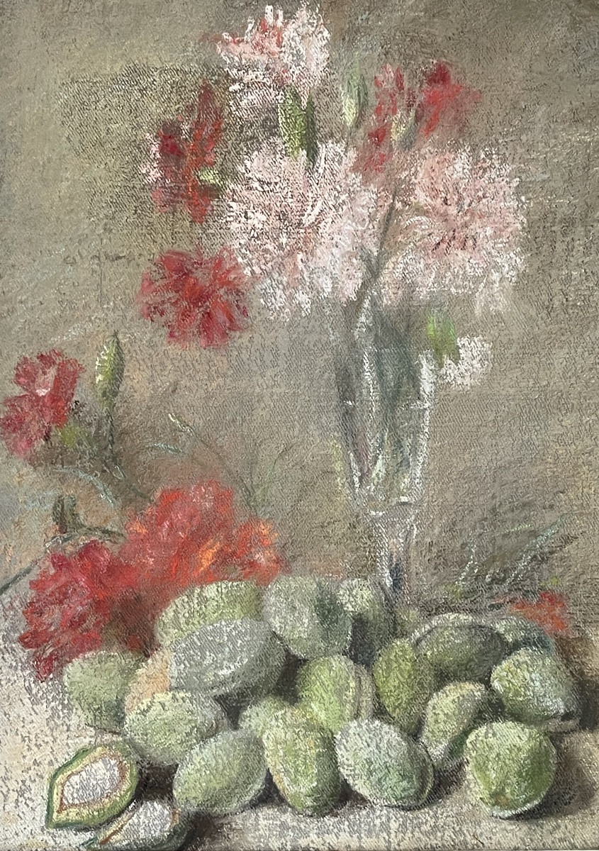 Still Life With Red Flowers And Green Fruit - Pastel On Canvas Signed -photo-1