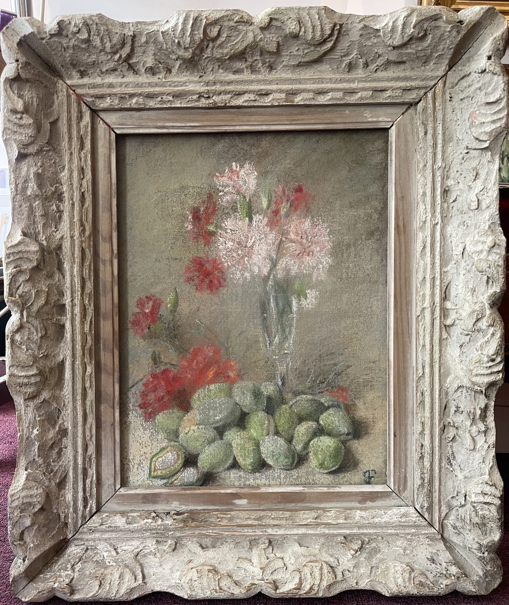 Still Life With Red Flowers And Green Fruit - Pastel On Canvas Signed 