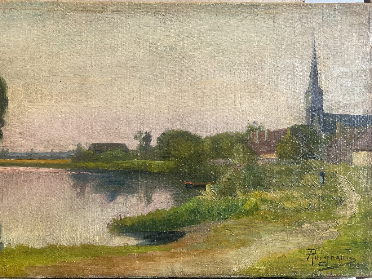 Paysage animé au bord de l’eau – Huile sur toile – Fin XIXe siècle-photo-2