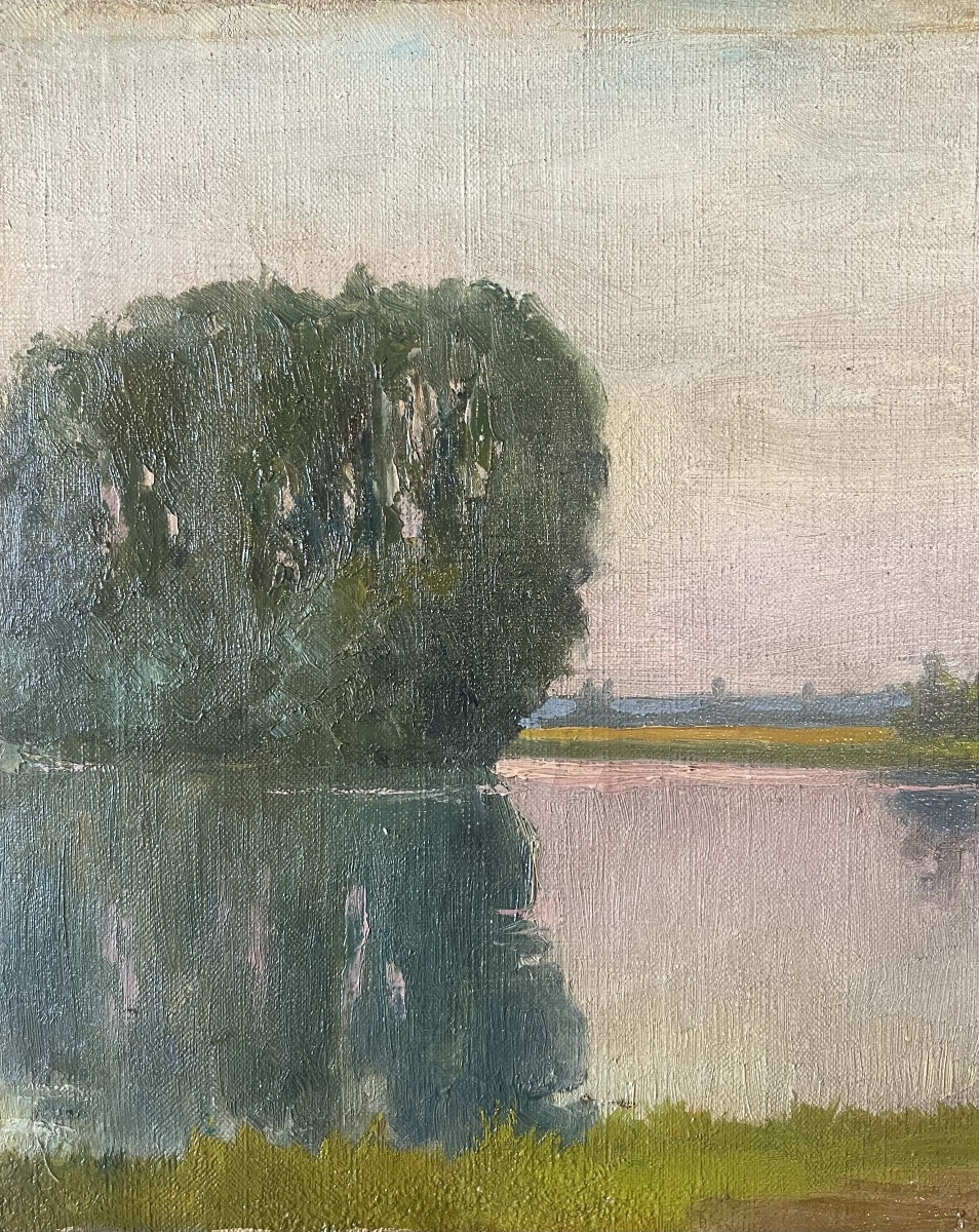 Paysage animé au bord de l’eau – Huile sur toile – Fin XIXe siècle-photo-3