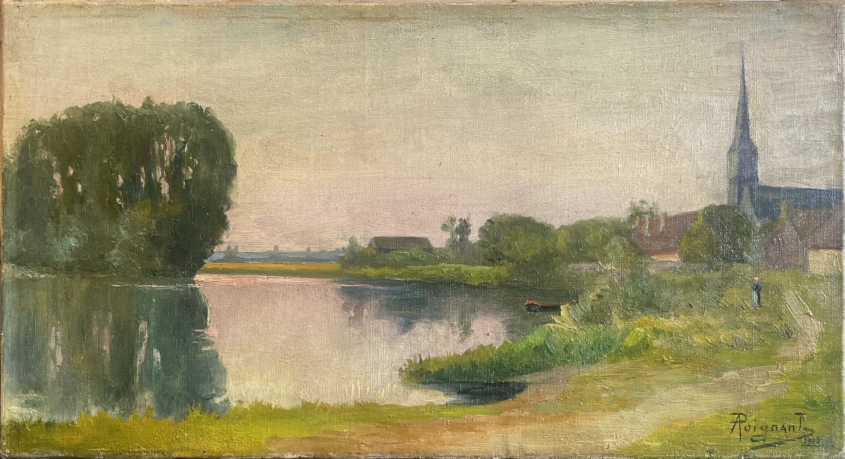 Paysage animé au bord de l’eau – Huile sur toile – Fin XIXe siècle