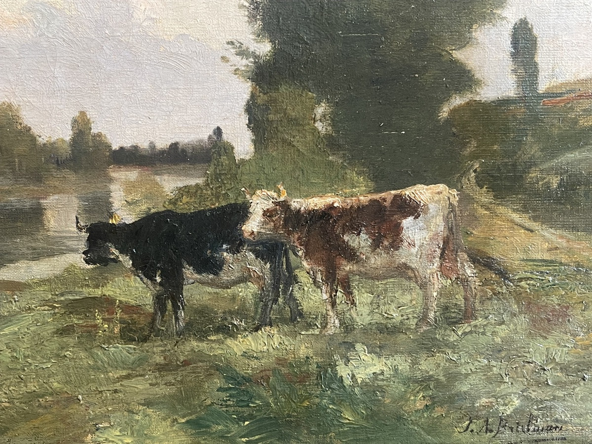 Landscape With Cows By The River - Oil On Canvas - Art Nouveau Late 19th Century-photo-2