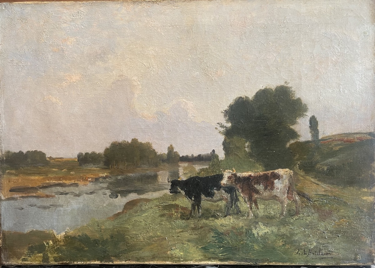 Landscape With Cows By The River - Oil On Canvas - Art Nouveau Late 19th Century