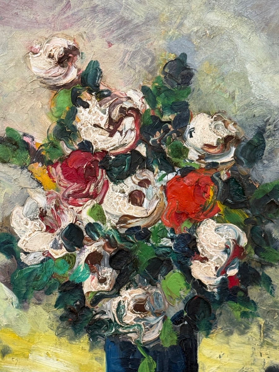 « Roses Blanches » – Belle Huile sur Toile du XIXe – Signée Louis Ducatel Ancien Tableau Floral-photo-4
