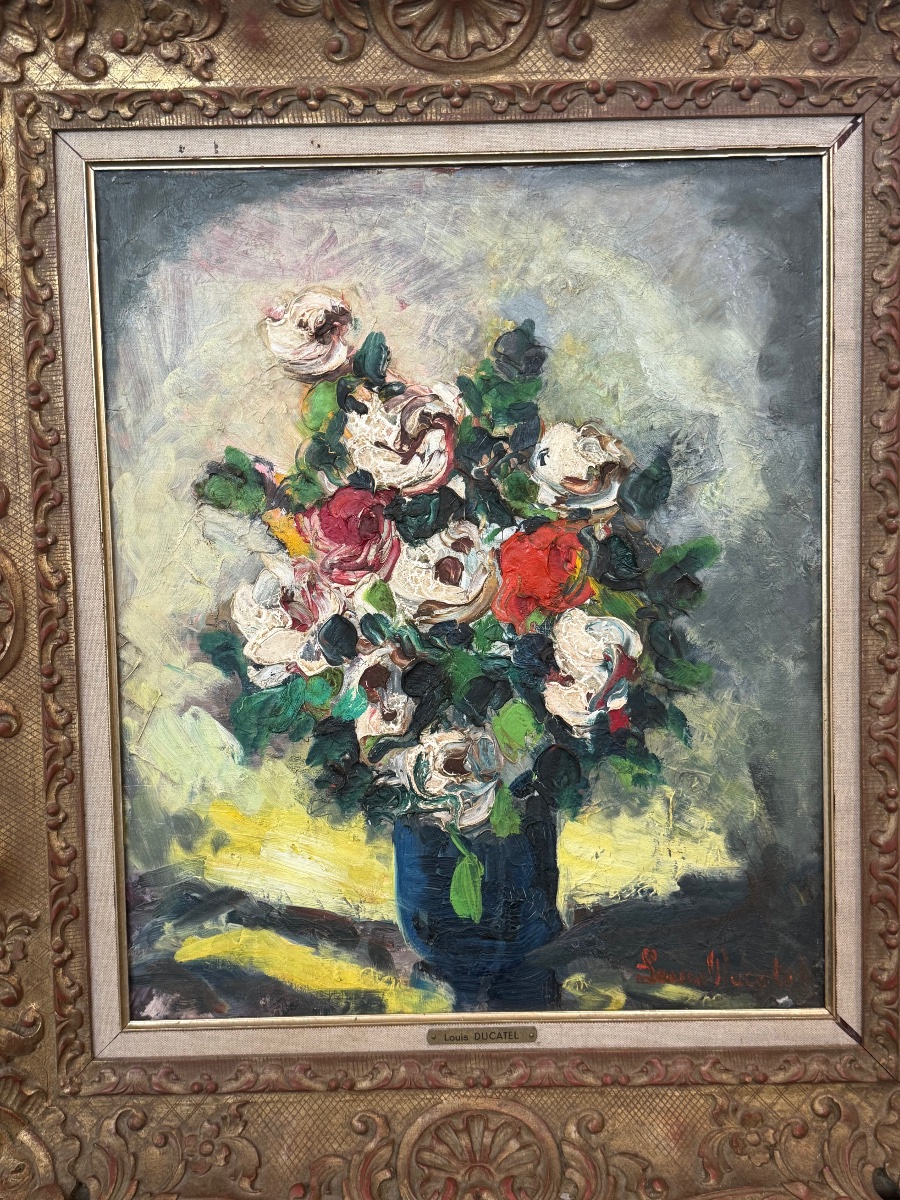 « Roses Blanches » – Belle Huile sur Toile du XIXe – Signée Louis Ducatel Ancien Tableau Floral-photo-3