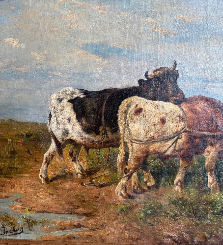 Grande scène animalière du XIXe siècle – Trois vaches dans un paysage – Huile sur toile signée-photo-2