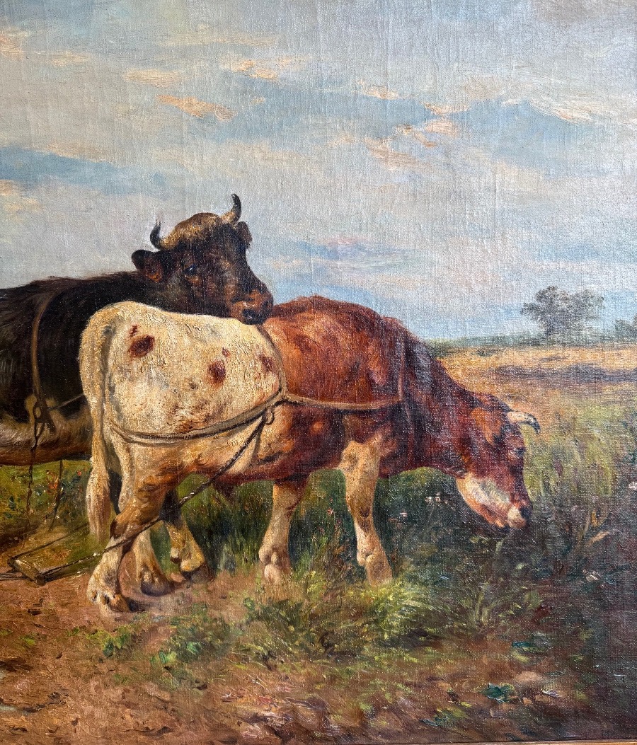Grande scène animalière du XIXe siècle – Trois vaches dans un paysage – Huile sur toile signée-photo-3